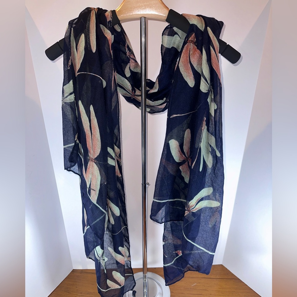 Spring Scarf Navy With Dragonfly Pattern, Soft An… - image 1